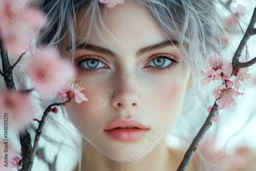 Obraz na płótnie Commercial promotion creative. Pretty caucasian young woman surrounded by cherry blossoms. Spring mood, golden hour in sunset. Woman enjoying cherry blossom aroma. Bright woman in floral park. w salonie