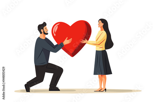 A man is kneeling on one knee, holding out his hand to give the woman big heart