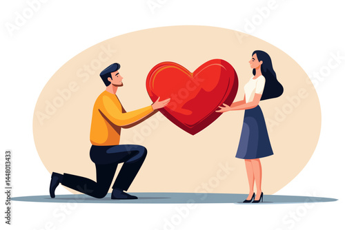 A man is kneeling on one knee, holding out his hand to give the woman big heart