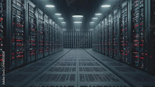 A long, dark corridor or tunnel with repeating doorways or structures.