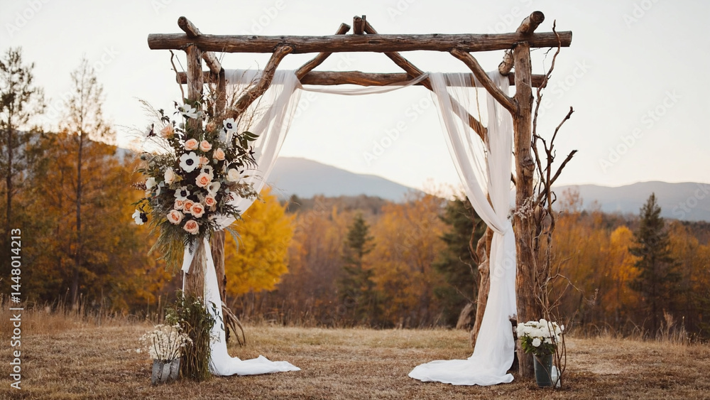 Obraz premium A beautiful wooden arch adorned with fresh flowers and greenery, perfect for weddings or special occasions