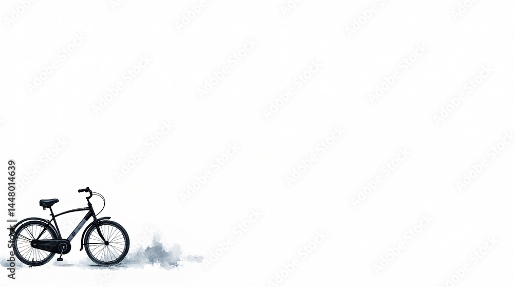 Obraz premium A clean white horizontal banner for World Bicycle Day. Bottom-left: an elegant, slightly abstract bicycle in watercolor style using dark tones. Minimal, modern, with ample copy space on the right.