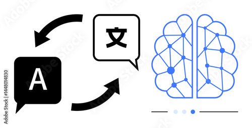 Speech bubbles with arrows representing text translation, next to a neural network brain design. Ideal for AI, language processing, communication, innovation, machine learning, automation, simple