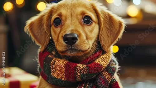 Adorable puppy in festive scarf joyfully observes christmas lights