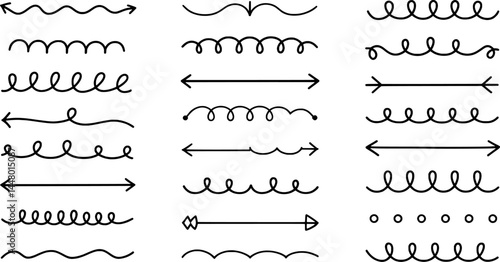 Collection of hand drawn line designs featuring arrows wavy lines and curly elements