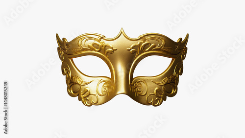 A gold masquerade mask on a white background