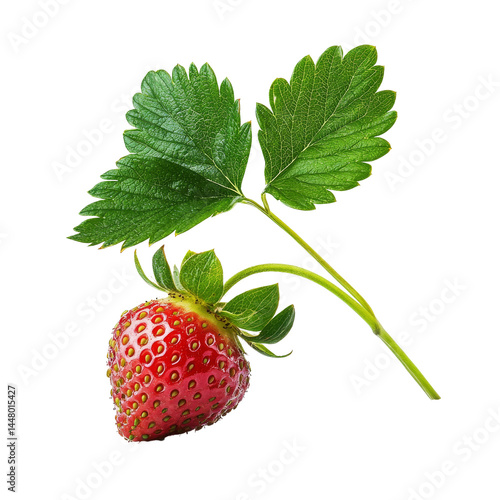 A single ripe strawberry with green leaves attached. It is perfectly positioned on a white background, ready to be used in your next culinary creation or design project