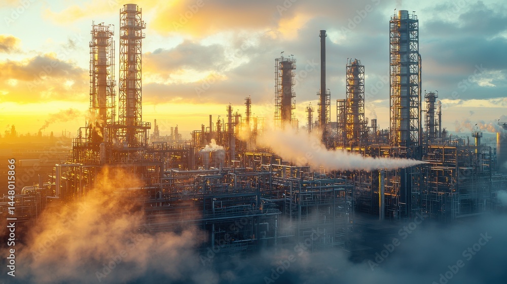 Obraz premium Steam escaping from pressure valve, massive petrochemical plant during optimal operation, complex lattice of steel frameworks supporting reaction chambers and fractionation towers 