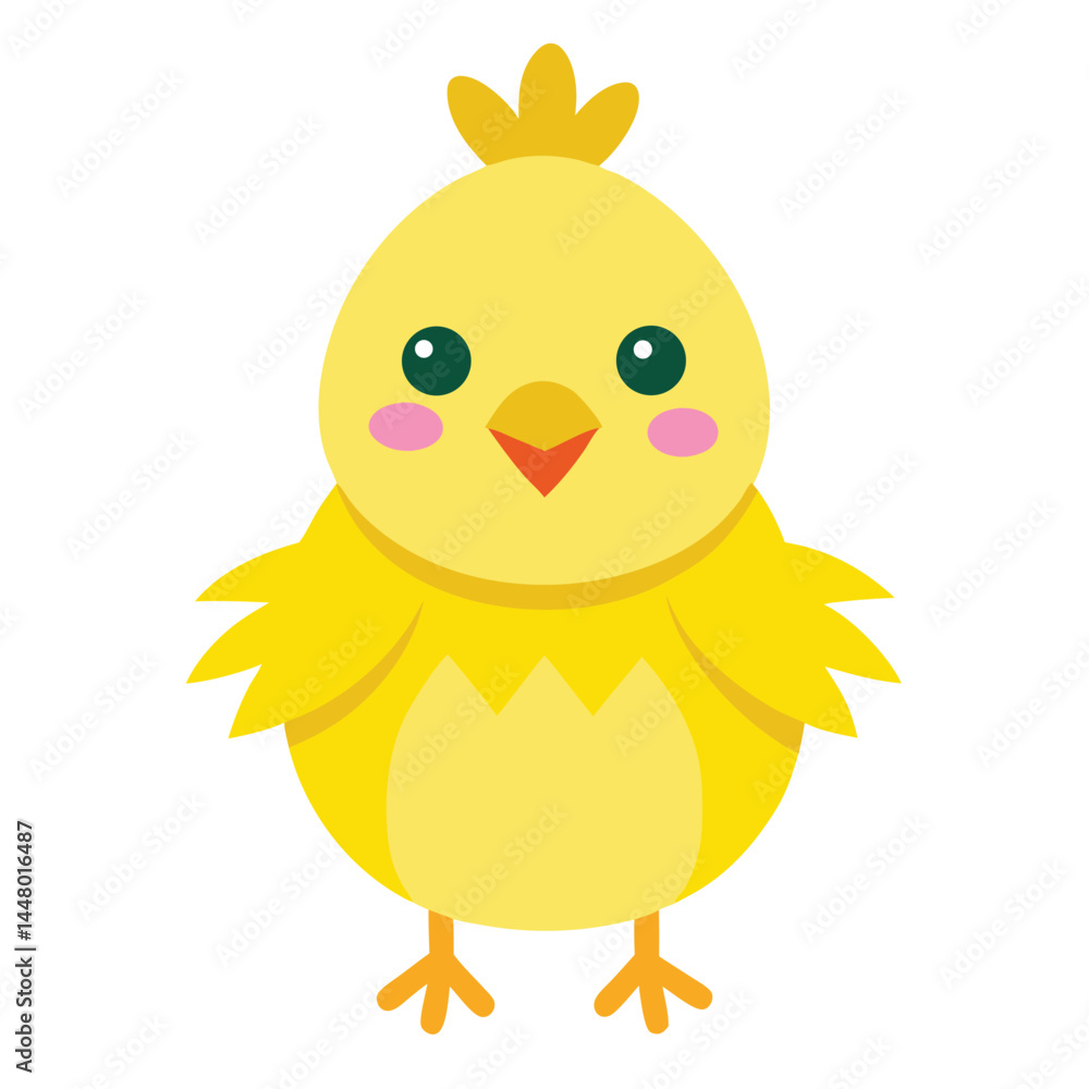 A cartoonish yellow chick with a rounded body, big green eyes, and a small orange beak. It has pink cheeks and a tuft of feathers on top of its head. The chick's wings are slightly spread A cartoonish yellow chick with a rounded body, big green eyes, and a small orange beak. It has pink cheeks and a tuft of feathers on top of its head. The chick's wings are slightly spread