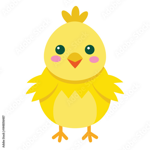 A cartoonish yellow chick with a rounded body, big green eyes, and a small orange beak. It has pink cheeks and a tuft of feathers on top of its head. The chick's wings are slightly spread