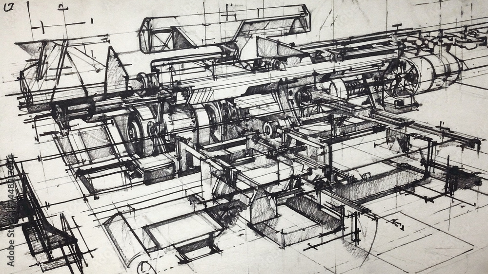 Obraz premium Industrial scene illustration of an old-fashioned factory in black and white