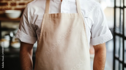 Chef in Modern Kitchen wearing Beige Linen Apron Mockup for Cooking Tasks