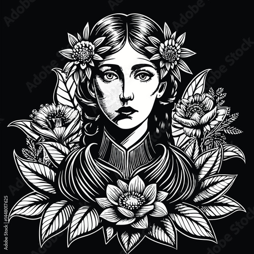 An illustration of a woman adorned with flowers in her hair, surrounded by various floral motifs and leaves. Her expression is serene, with wide, captivating eyes and slightly parted lips. 