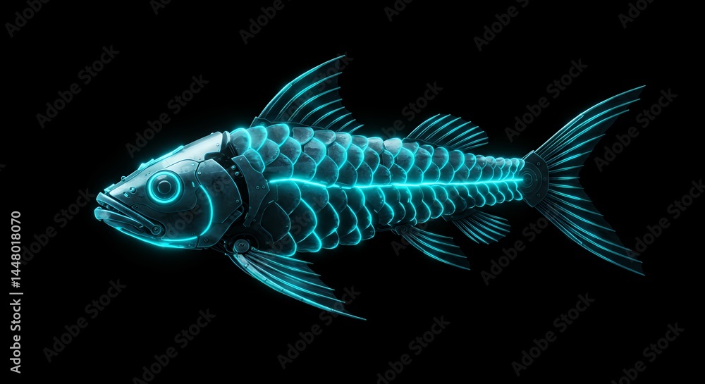 Fototapeta premium Cybernetic Fish Glowing on Black Background