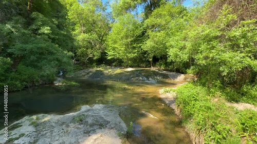 Video horizontale d'une petite cascade dans une forêt en 4k