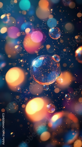 Floating bubbles surrounded by colorful lights create a dreamy atmosphere in the dark background at night