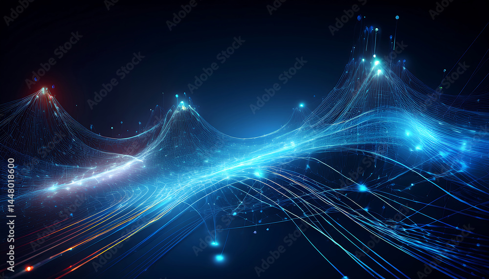 Abstract Digital Wave with Glowing Dots and Lines - Futuristic Data Flow and Technology Background in Purple and Orange Tones Abstract Digital Wave with Glowing Dots and Lines - Futuristic Data Flow and Technology Background in Purple and Orange Tones