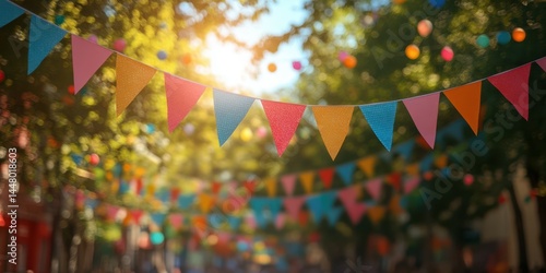 Colorful bunting decorations adorn a sunny street during a festive celebration in the afternoon