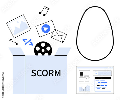 Open box labeled SCORM with multimedia elements such as video, image, audio, e-mail, script files. Right side features analytics screen and abstract egg symbol. Ideal for e-learning, content
