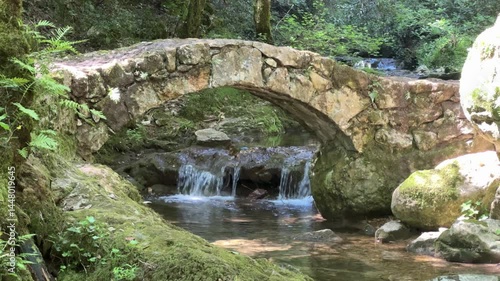 Video horizontale d'une petite cascade avec un pont en pierre dans une forêt en 4k