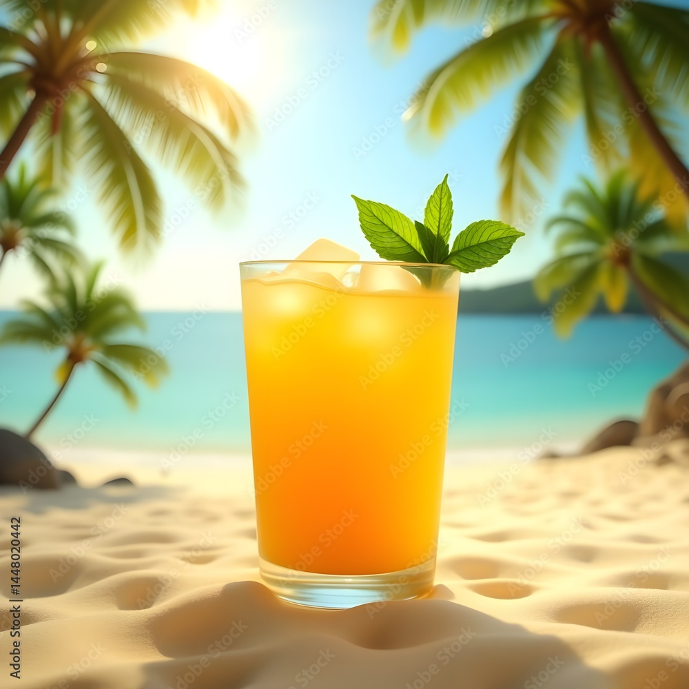 Obraz premium Refreshing Drink on Sandy Beach with Palm Trees and Blue Sea
