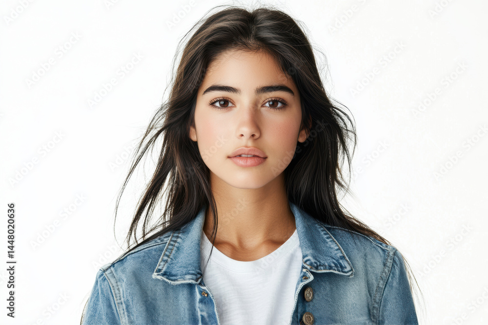 Studio Portrait Captures the Beauty of a Young Latin Woman in a Casual Denim Jacket Studio Portrait Captures the Beauty of a Young Latin Woman in a Casual Denim Jacket