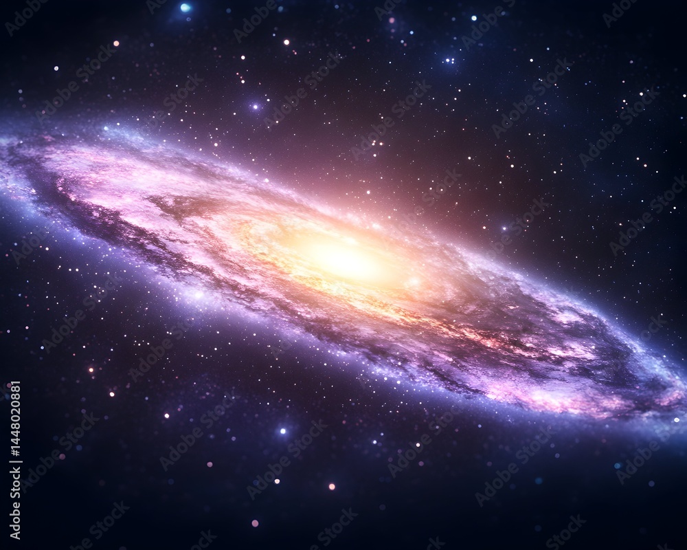 Fototapeta premium A vibrant spiral galaxy, swirling with purple, pink, and yellow hues, against a backdrop of dark space speckled with stars
