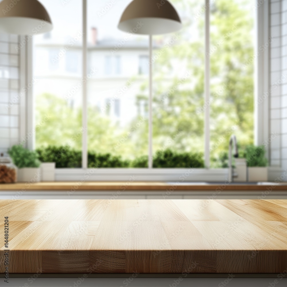 Fototapeta premium Light wood tabletop with blurred kitchen background showcases a bright window and green trees creating a serene and inviting interior space perfect for product display