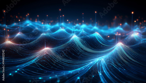 Abstract Digital Wave with Glowing Dots and Lines - Futuristic Data Flow and Technology Background in Purple and Orange Tones