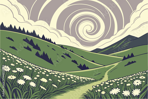 Adobe Illustr11 Surreal landscape, spiral cloud formation, mountain vista, green rolling hills, circular flower meadow, white wildflowers, dramatic sky, ethereal atmosphere, panoramic viewator Artwork