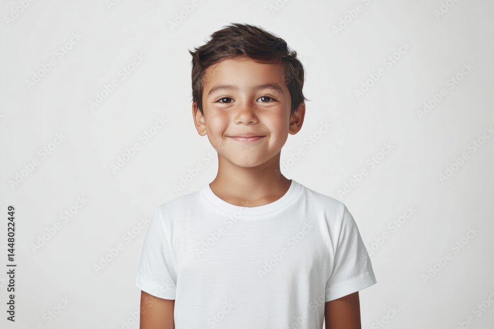 Smiling Child in a Plain White T-Shirt in a Studio Setting With a Neutral Background Smiling Child in a Plain White T-Shirt in a Studio Setting With a Neutral Background