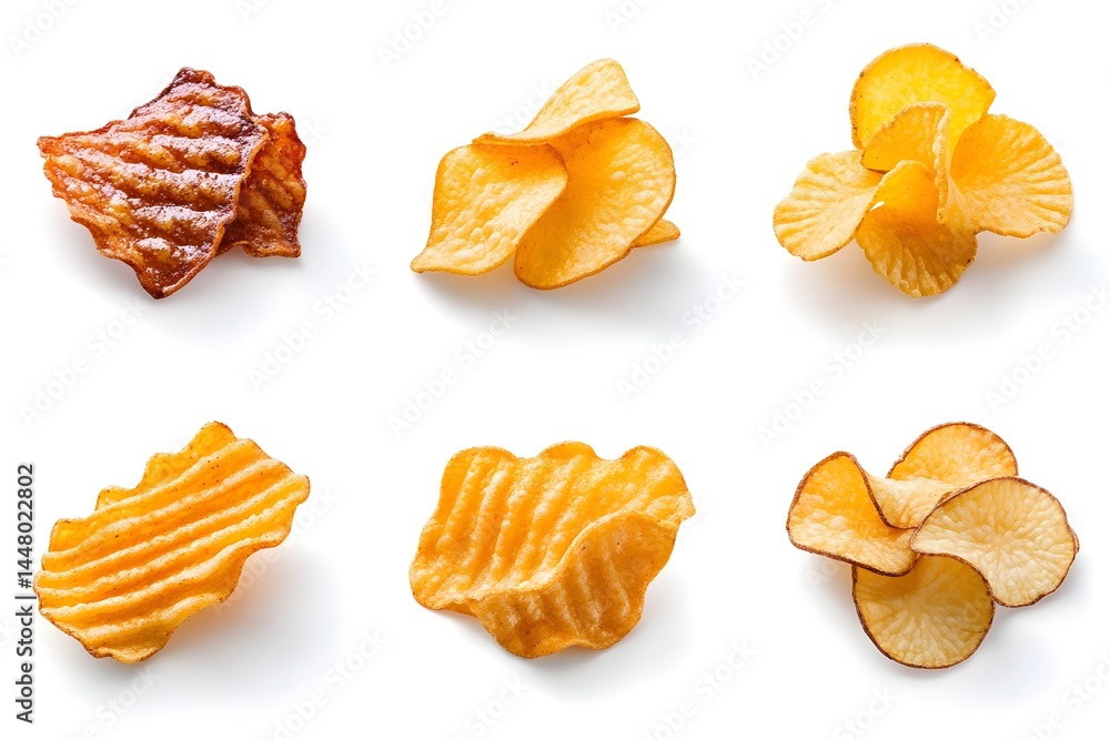 Assorted crispy potato and sweet potato chips, various shapes and flavors, isolated on white Assorted crispy potato and sweet potato chips, various shapes and flavors, isolated on white
