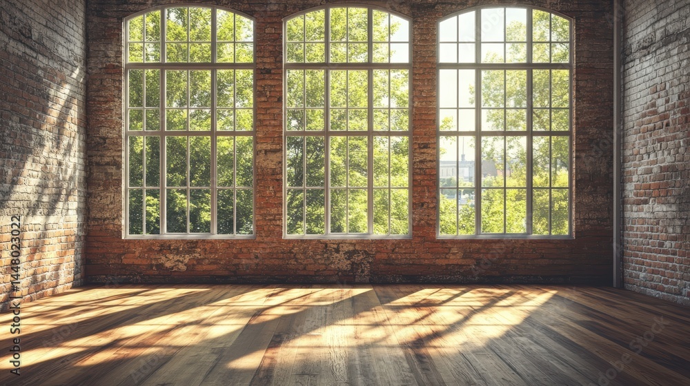 Fototapeta premium Interior of loft apartment with brick walls and large windows overlooking green trees casting shadows on wood floor creating warm inviting atmosphere