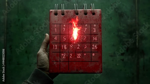 Bloody Calendar with Fiery Glow Held by a Hand Against Dark Green Background