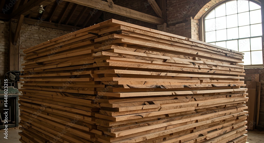 A stack of freshly cut wooden planks in a traditional workshop A stack of freshly cut wooden planks in a traditional workshop