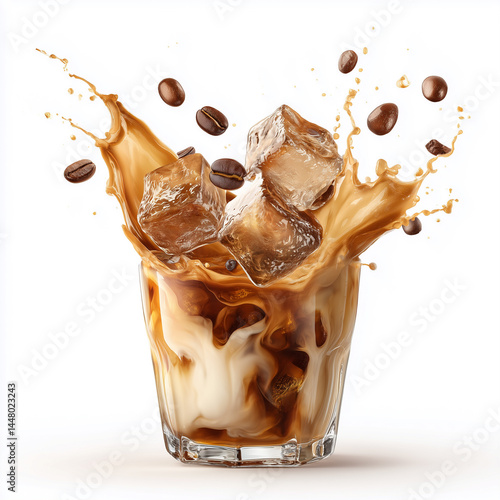 Iced coffee splash ice cubes, milk swirl, coffee beans, droplets suspended in air