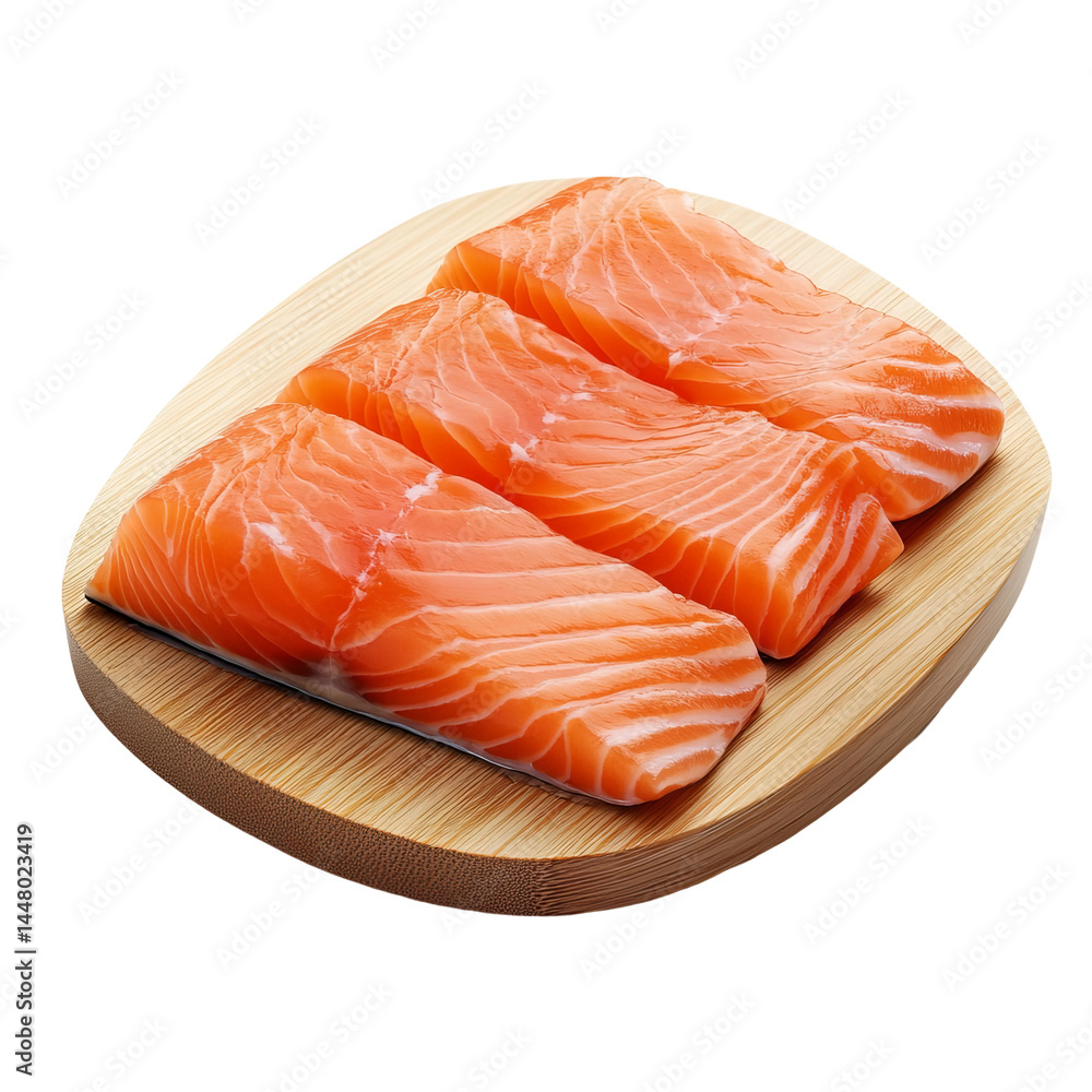 Fresh raw salmon fillets arranged on a wooden cutting board, perfect for a healthy meal preparation Fresh raw salmon fillets arranged on a wooden cutting board, perfect for a healthy meal preparation