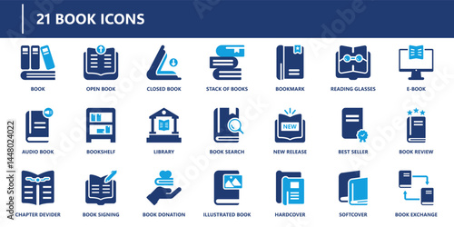 Book icons pack in solid style including open book, audiobook, library, book search, new release, best seller, hardcover, and ebook.