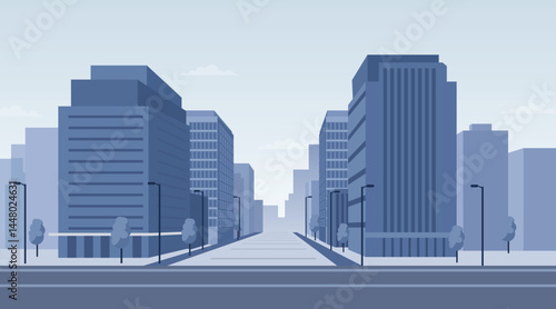 Modern Urban Cityscape Vector Illustration – Flat Design of Skyscraper Street View in Daylight