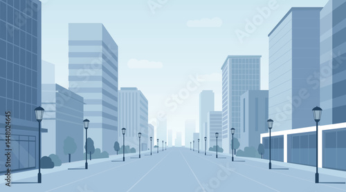 Flat Vector Illustration of Empty Urban Street with Modern Highrise Buildings and Lamp Posts – Minimalist Cityscape Background for Architecture, Business, and Real Estate Design