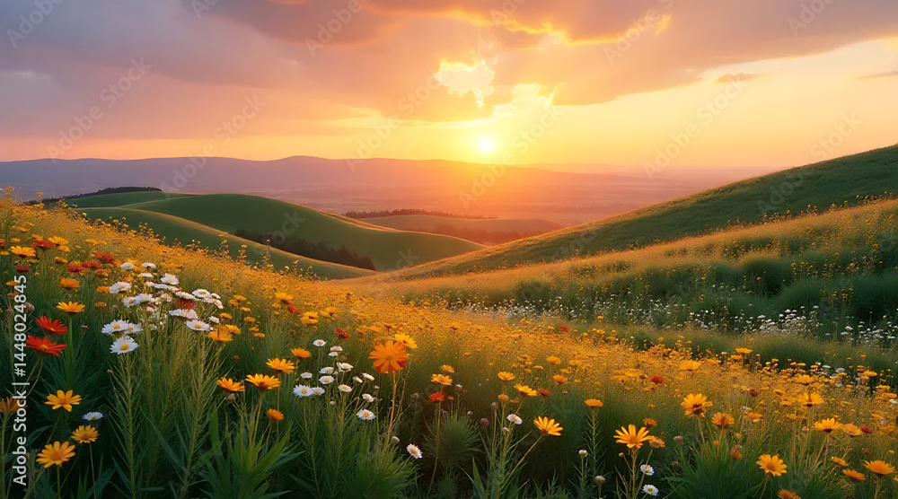 Fototapeta premium Rolling Hills with Wildflowers at Sunset