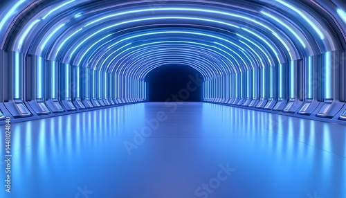 Futuristic blue neon-lit tunnel with reflective floor and arched ceiling