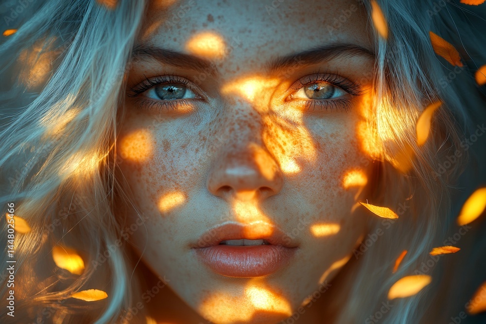 Spring mood, golden hour in sunset. Commercial ad campaign creative. Pretty caucasian young woman surrounded by cherry blossoms. Woman with flowers in vibrant spring setting.