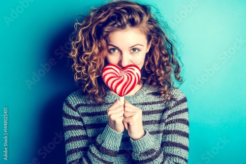 Obraz na płótnie Professional studio graphic shot, copy space. Isolated white adult woman on rich dark blue background with lollipop heart in hands. Cute Valentine's Day greeting. w salonie