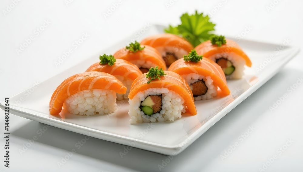 Perfectly arranged sushi platter, minimalist white backdrop, clean, japanese, dining Perfectly arranged sushi platter, minimalist white backdrop, clean, japanese, dining