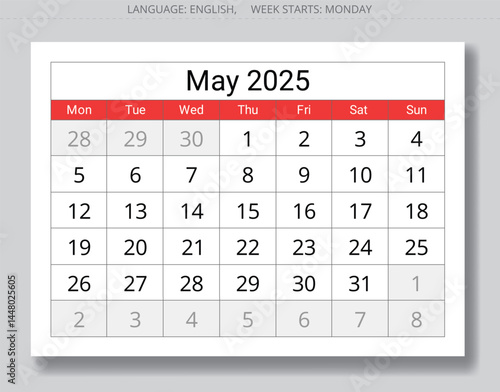 2025 may calendar. vector collection of English monthly page calendars. Design with Monday start