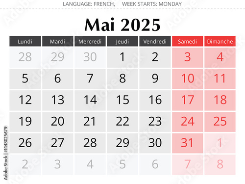 French calendar for may 2025. Vector illustration spring month for France - mai calendrier