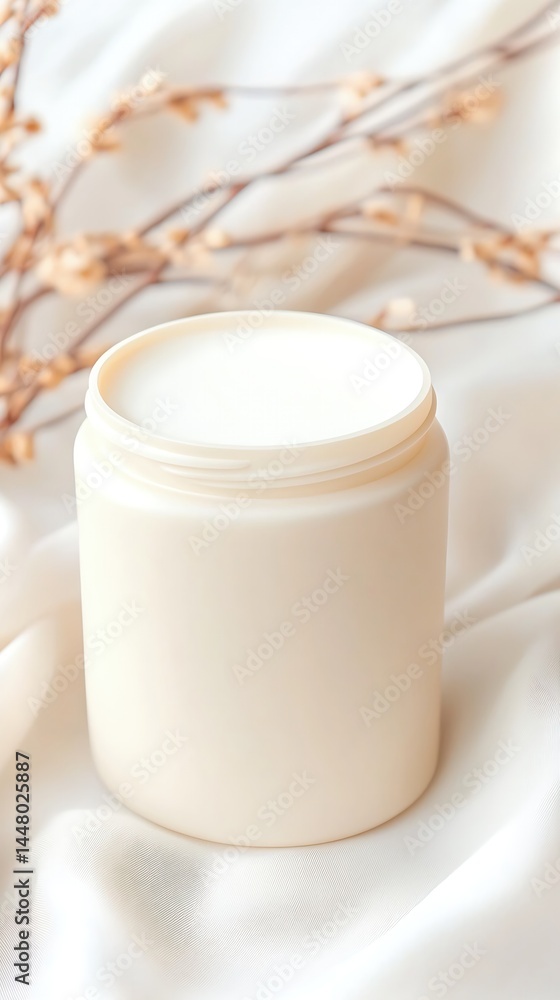 Off-White Cream Jar on Silk Fabric with Soft Side Lighting Off-White Cream Jar on Silk Fabric with Soft Side Lighting