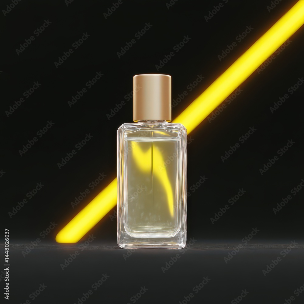 Perfume bottle glowing in dark with geometric golden lines background