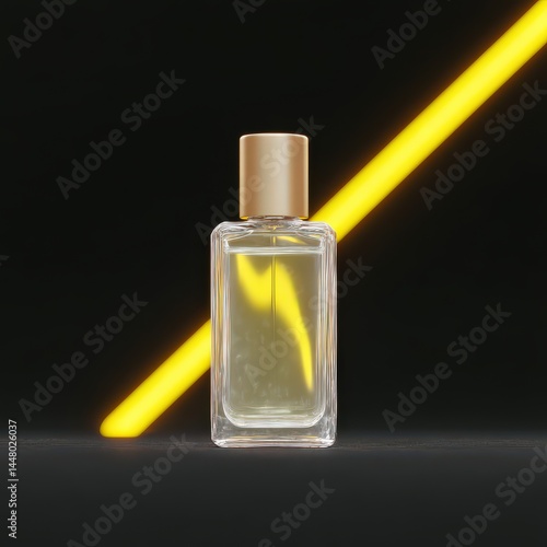 Obraz na płótnie Perfume bottle glowing in dark with geometric golden lines background w salonie